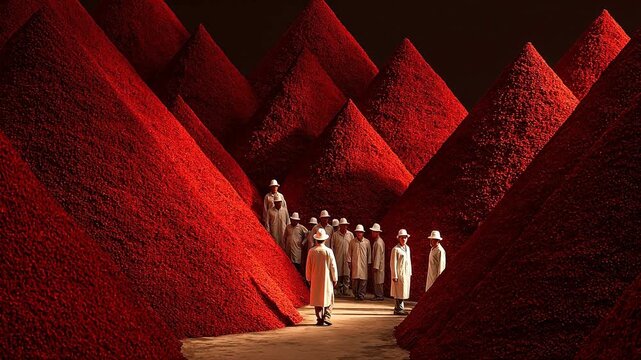 People in white coats and hats among red pyramids