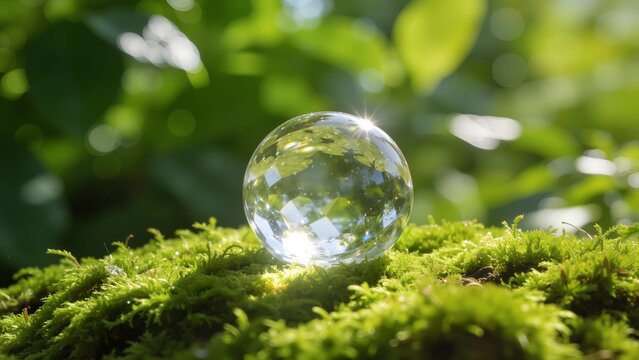 Crystal ball on moss with sunlight