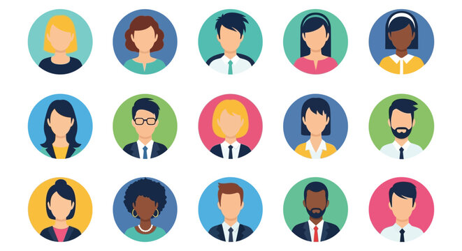 Diverse collection of stylized flat design user avatars representing various professional individuals in a group