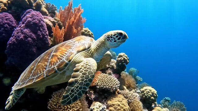 A green sea turtle glides through clear blue water near a vibrant coral reef.
