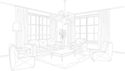Obraz premium Wireframe outline of a contemporary living room interior featuring a sofa, armchairs, coffee table, and large framed windows.