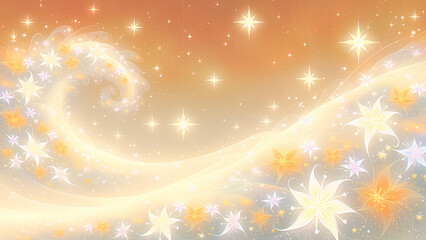 黄金色の渦に星や花の形の光が舞うファンタジー風背景