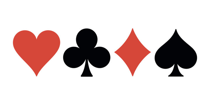 Playing Card Suits Icon Set featuring the four traditional symbols&mdash;Hearts, Diamonds, Clubs, and Spades&mdash;in clean red and black flat vector styles for gaming and casino designs.