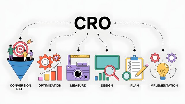 CRO Conversion Rate Optimization Workflow &ndash; Digital Marketing Strategy, Data Analysis, UX Design, Testing, and Business Growth Concept