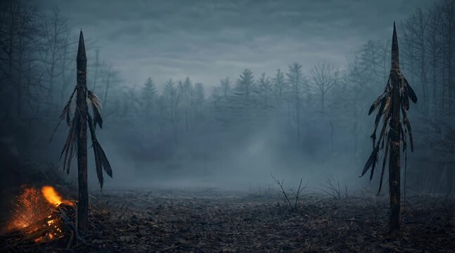 Static cinematic background with burning fire, smoke and tribal spears in a misty landscape, atmospheric scene inspired by indigenous culture and colonization era, ideal for title screens.