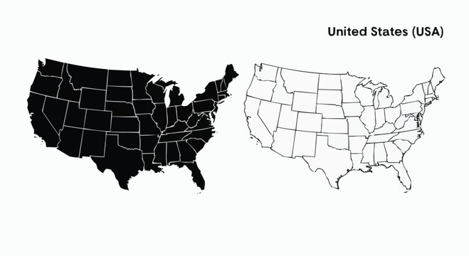 Two distinct United States USA maps showcasing solid black and outline cartography side by side