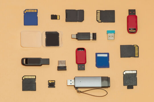 USB flash drives, SD and microSD memory cards, flat ley. Digital storage, data transfer, backup and modern technology. Rising prices for storage media