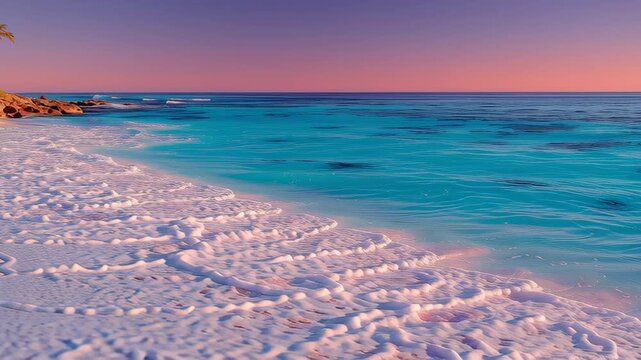 Tranquil coastal scene featuring vivid turquoise ocean waves gently crashing onto a pink sand beach under a mesmerizing sunset sky. the gradient hues of orange and pink reflect over the calming sea, c