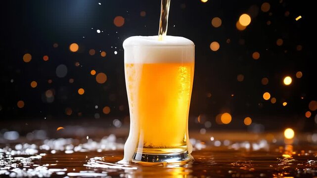 GoldenBeerwithFrothyHeadonDarkSparklingBackground