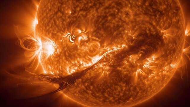Detailed close-up of solar flare erupting from the surface of the sun.