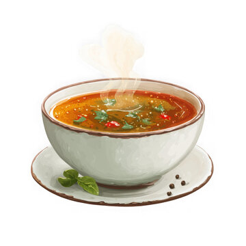 Steaming bowl of tomato soup isolated on transparent background