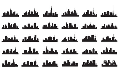 Naklejka premium City Skyline and Building Silhouette Icons