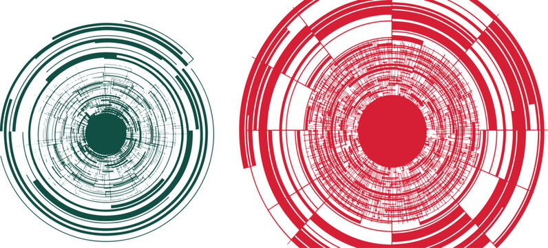 Circular futuristic interface with red and green tech dashboard elements design