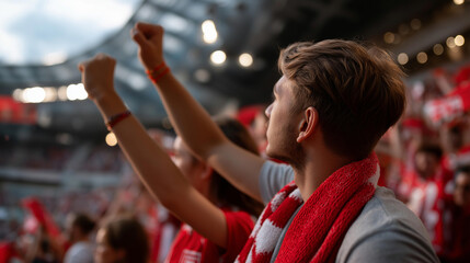 Fototapeta premium Wide angle of faceless football fans at stadium cheering for their team, passionate supporters, devoted crowd, sports enthusiasm, with copy space
