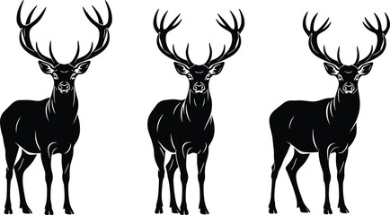 Naklejka premium Deer silhouette illustration set, three black icons male bucks antlers wildlife animal design, vector artwork, nature and forest theme, isolated background