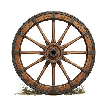 Antique Wooden Wagon Wheel Isolated on White Background