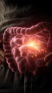 3D illustration of human digestive system with highlighted inflammation in intestines.