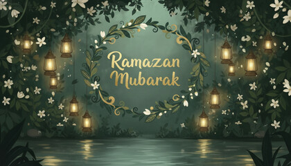 Naklejka premium Ramazan Mubarak Greeting with Lanterns and Flowers in Dark Green Background