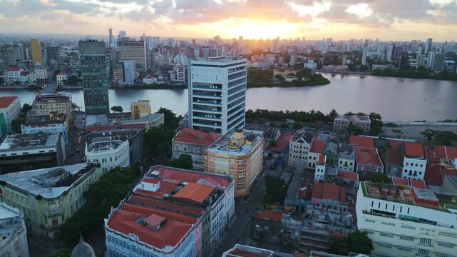 Drone Aerial of Marco Zero and Recife Antigo at Night &ndash; City Lights, Crowd and Capibaribe River, Pernambuco Brazil