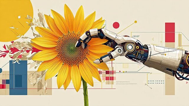 Robot hand touching sunflower