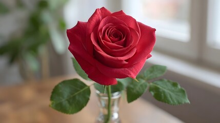 A single vibrant red rose in a clear glass vase on a wooden table with soft background lighting