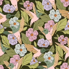 Cotton fabric Retro hummingbird and vintage floral seamless pattern with sage green leaves and dusty pink flowers on dark background for textile and wallpaper
