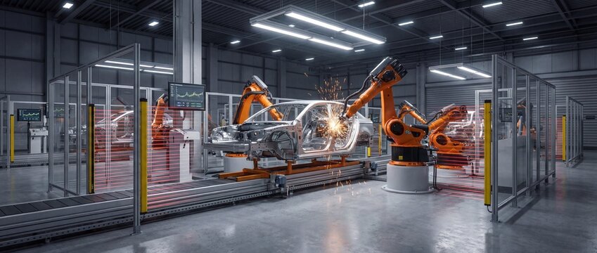 Robotic arms performing welding and assembly tasks in a modern automotive manufacturing plant