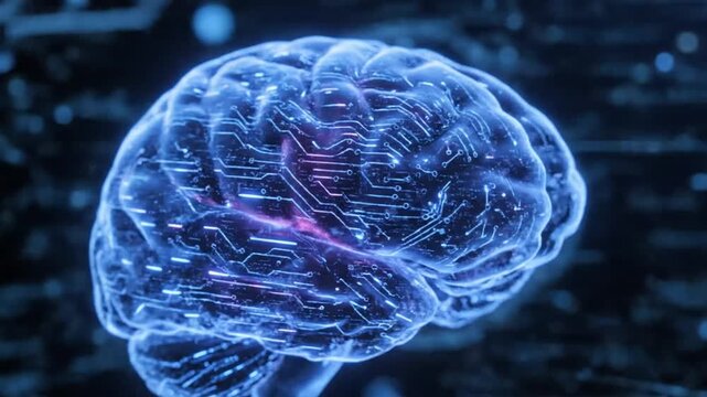 Digital representation of a human brain with glowing circuits on an abstract dark background