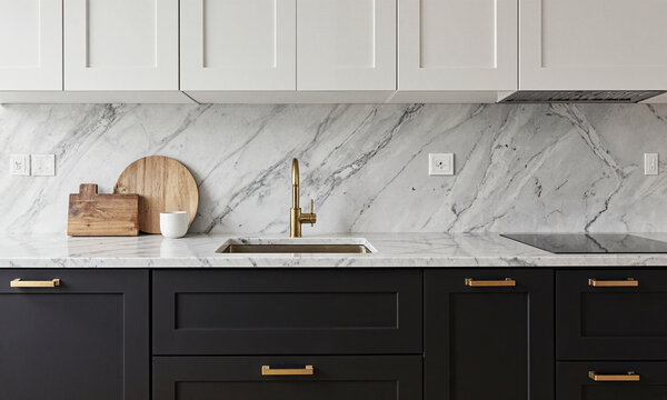 Kitchen marble shaker cabinets featuring black and white cupboards with a luxury stone backsplash in an elegant home interior