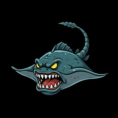 Naklejka premium Aggressive Cartoon Stingray with Sharp Teeth and Glowing Eyes.