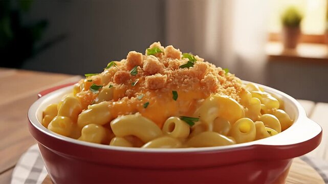 Macaroni and cheese in red ceramic dish, topped with croutons, parsley, against window