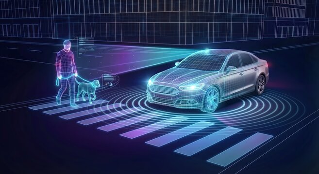 Autonomous Car Detecting Pedestrian and Dog at Smart Crosswalk with AI Sensor Technology