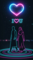 Obraz premium Couple in love with neon heart and I love you text