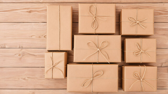 Verschiedene Geschenke in braunem Kraftpapier mit Paketschnur