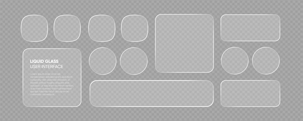 Plakat Trend liquid glass frames and buttons set transparent background. Vector EPS10 realistic illustration of glass morphism text boxes, menu windows, search bars, website, mobile app ui ux design elements