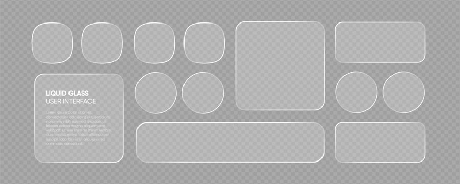 Trend liquid glass frames and buttons set transparent background. Vector EPS10 realistic illustration of glass morphism text boxes, menu windows, search bars, website, mobile app ui ux design elements