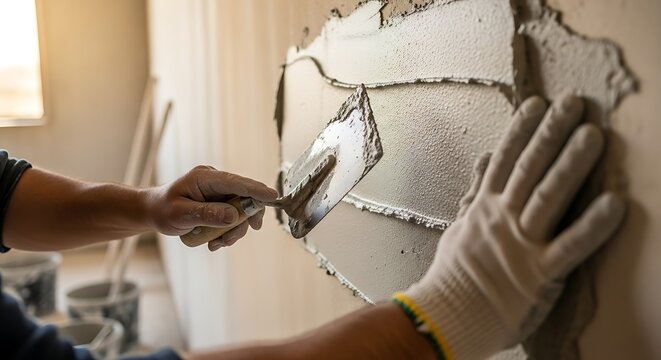 Expert plasterer applies finishing coat on a wall with a trowel indoors