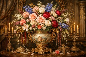 Opulent floral arrangement, antique elegance.
