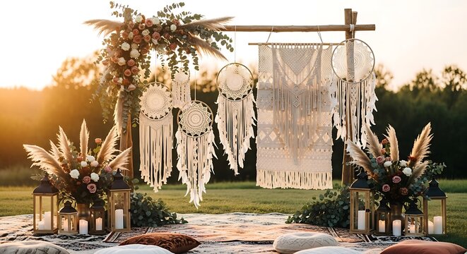 Bohemian outdoor wedding decor with macrame, dream catchers, flowers, candles, and pampas grass