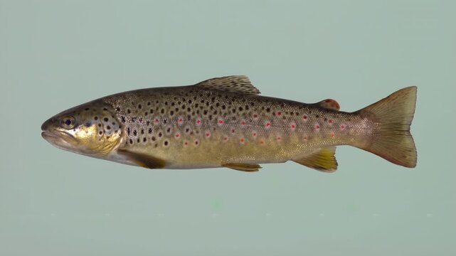 Brown trout fish swimming isolated, side view of freshwater river animal for fishing and nature concepts, high quality 4k video footage.