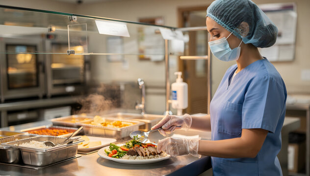 Healthcare Worker Prepares Nutritious Meal: Serving food at hospital. Promoting food service, well being and workplace safety with mask, gloves. Focus, care, hygiene