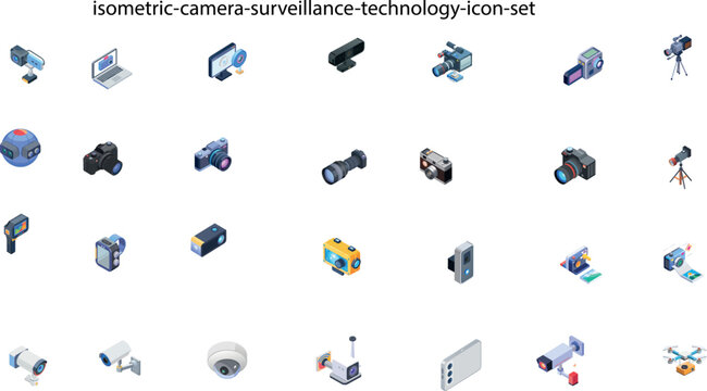 Comprehensive Set of Isometric Icons for Photography Equipment, Digital Cameras, and Security Surveillance Systems