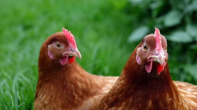 Chickens in a green field enjoying the day