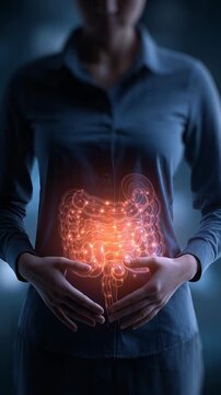 Woman holding hands on glowing digital illustration of human digestive system.