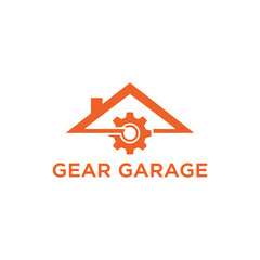 House roof with mechanical gear cog icon for automotive workshop or home garage repair service logo of a company named GEAR GARAGE