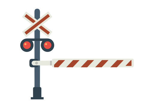 Vibrant flat design illustration of a railroad crossing barrier, featuring red warning lights and a crossbuck sign, symbolizing train safety and controlled traffic flow