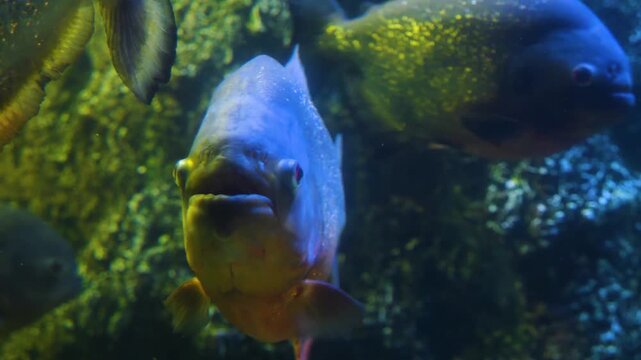 close up of piranha or pira&ntilde;a head, from the  front view of mouth closing and opening floating underwater.