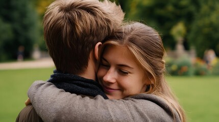 Fototapeta premium A young woman closes her eyes in a joyful embrace with a man in a park setting