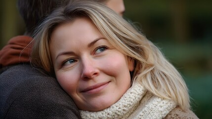 Fototapeta premium A woman with a gentle smile leans into her partner s embrace in a serene outdoor park setting conveying warmth and affection