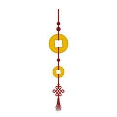 Traditional Chinese lucky coins charm with red mystic knot isolated. Symbol of good fortune, wealth, and prosperity for the Lunar New Year